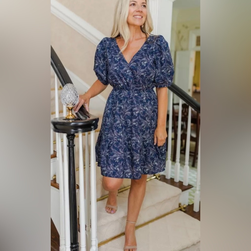 Lucy Paris Lucraissa blue paisley floral puff sleeve dress size medium